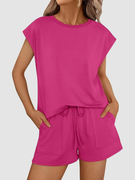 Hazel Blues® |  Round Neck Cap Sleeve Top and Shorts Set
