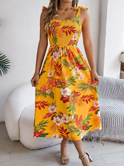 Hazel Blues® |  Smocked Floral Tie Shoulder Midi Dress
