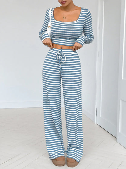 Hazel Blues® |  Striped Square Neck Long Sleeve Top and Pants Lounge Set