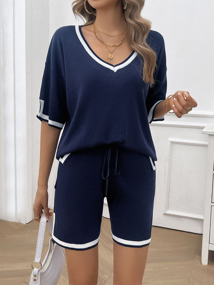 Hazel Blues® |  Contrast Trim V-Neck Top and Shorts Set