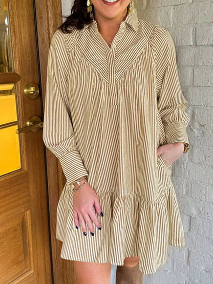 Hazel Blues® |  Stripe Collared Neck Cuffed Long Sleeve Drop Waist Mini Dress