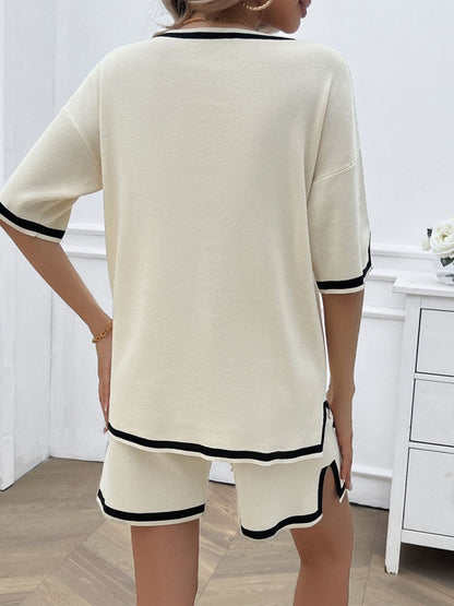 Hazel Blues® |  Contrast Trim V-Neck Top and Shorts Set