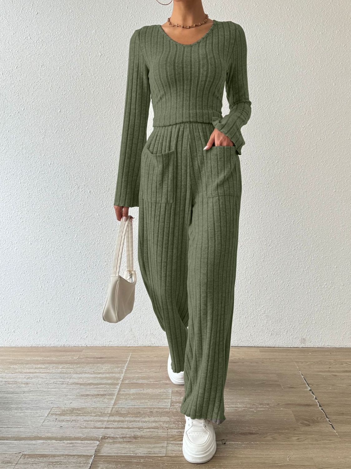 Hazel Blues® |  Ribbed V-Neck Long Sleeve Top and Pocketed Pants Set