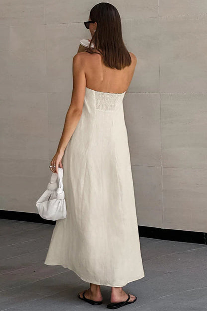 Khaki Cotton Linen Strapless Backless Maxi Dress