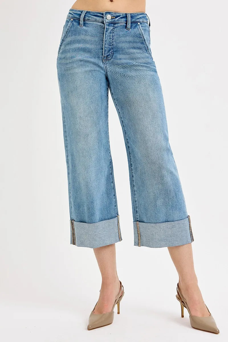 Hazel Blues® | RISEN Tummy Control High Rise Ankle Wide Cuffed Jeans