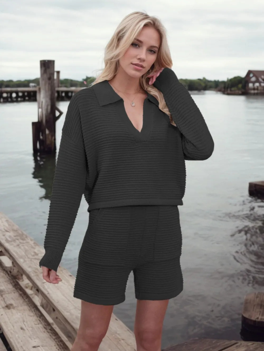 Hazel Blues® |  Johnny Collar Long Sleeve Top and Shorts Sweater Set