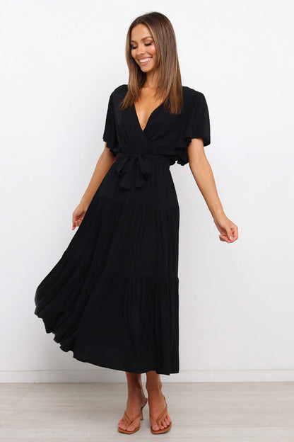 Hazel Blues® |  Front Tie Short Sleeve Tiered Midi Dress