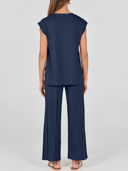 Hazel Blues® |  Round Neck Cap Sleeve Top and Pants Knit Set