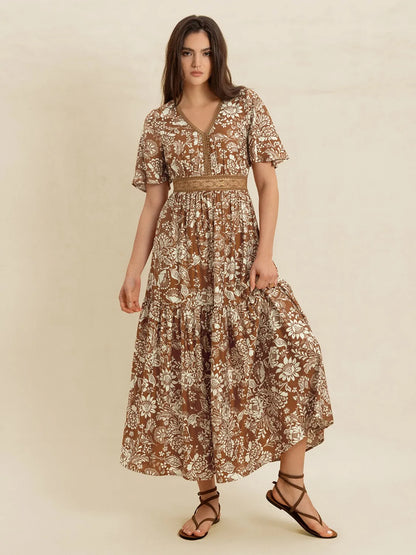Hazel Blues® |  Lace Detail Printed Short Sleeve Midi Dress