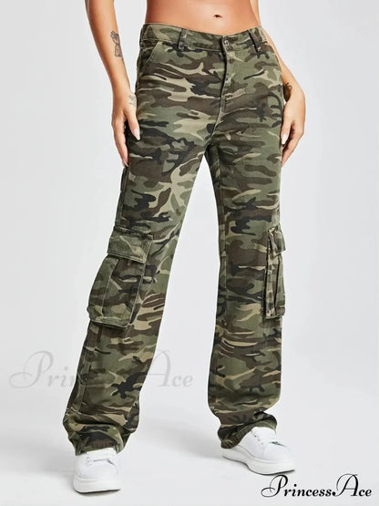 Camouflage Women's Cargo High Wist Vintage Baggy Denim Straight Casual Fashion Jean