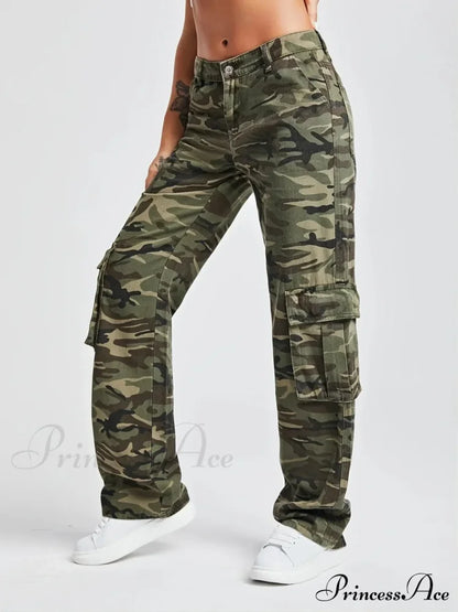 Camouflage Women's Cargo High Wist Vintage Baggy Denim Straight Casual Fashion Jean