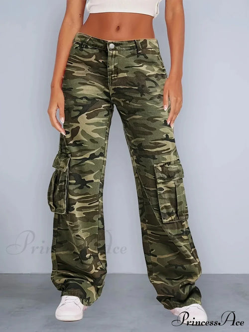 Camouflage Women's Cargo High Wist Vintage Baggy Denim Straight Casual Fashion Jean