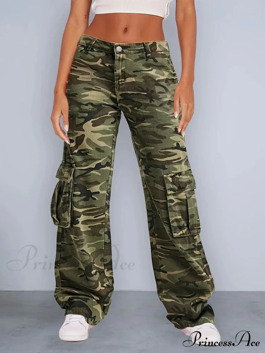 Camouflage Women's Cargo High Wist Vintage Baggy Denim Straight Casual Fashion Jean