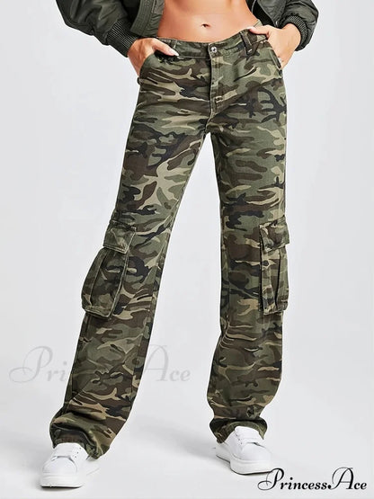 Camouflage Women's Cargo High Wist Vintage Baggy Denim Straight Casual Fashion Jean