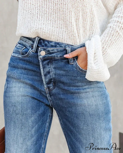 New Casual Loose Women's Wash Button Pockets High Waist Denim Abrade Elegant Jean