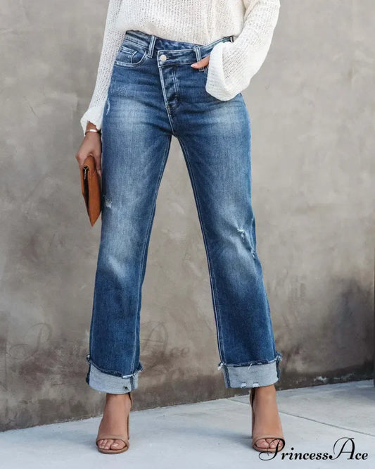 New Casual Loose Women's Wash Button Pockets High Waist Denim Abrade Elegant Jean