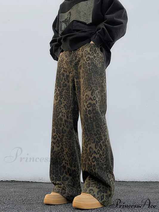 Y2K Leopard Print Wide Leg Women High Waisted Fashion Streetwear Retro Denim Baggy Casual Straight Jean