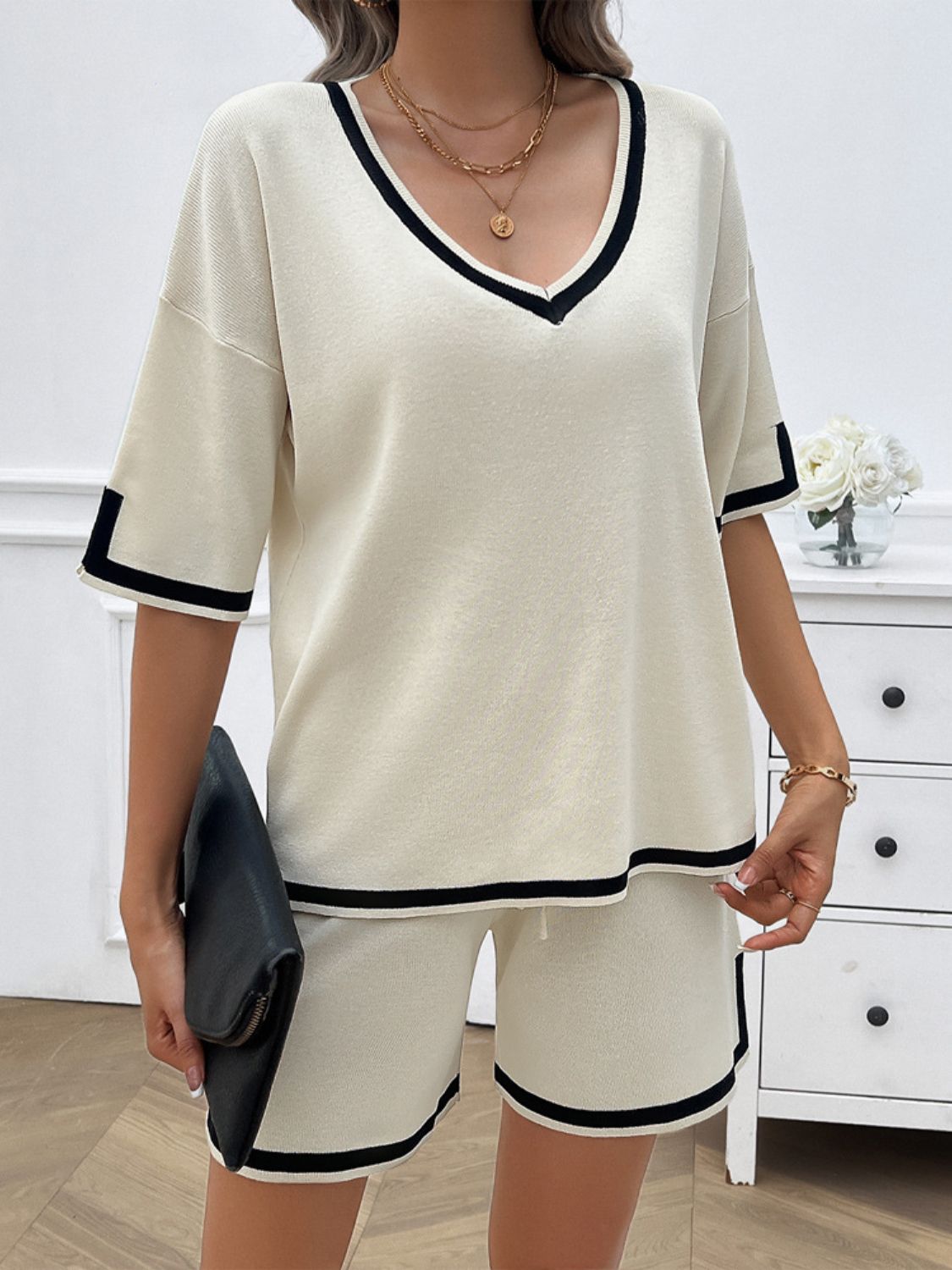 Hazel Blues® |  Contrast Trim V-Neck Top and Shorts Set