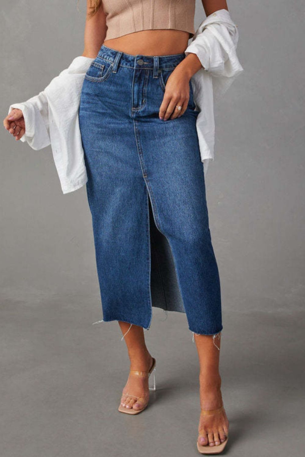 Hazel Blues® |  Slit Raw Hem Midi Denim Skirt