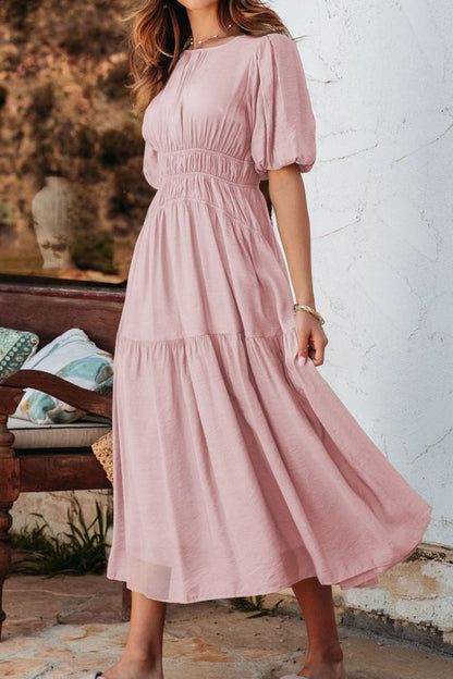Hazel Blues® |  Puff Sleeve Pleated High Waist Flowy Midi Dress