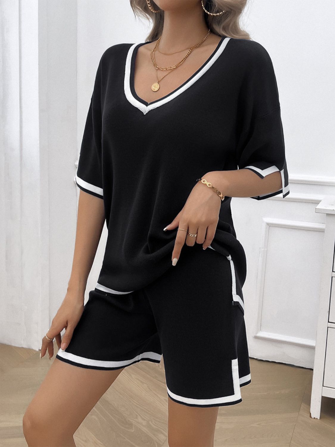 Hazel Blues® |  Contrast Trim V-Neck Top and Shorts Set
