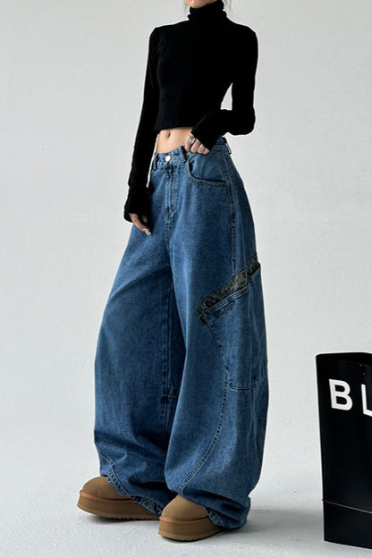 Leopard Spliced Vintage Wide Leg Jeans