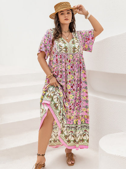 Hazel Blues® | Floral Tie Neck Flutter Sleeve Maxi Dress