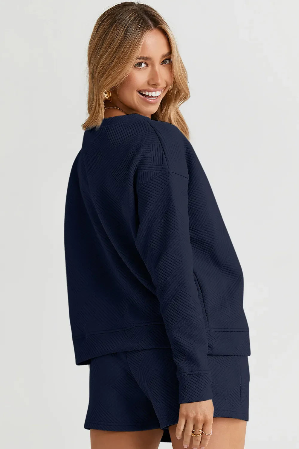 Hazel Blues® |  Double Take Texture Long Sleeve Top and Drawstring Shorts Set