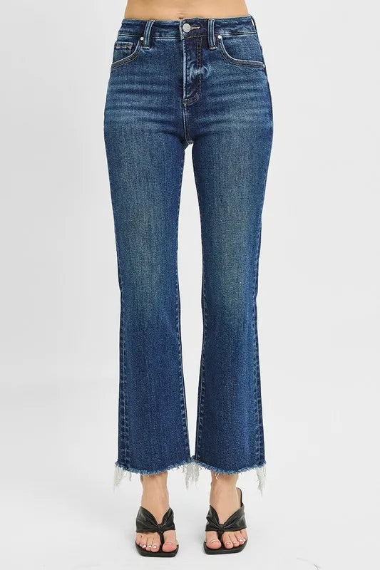 Hazel Blues® |  RISEN Tummy Control High Rise Crop Straight Raw Cut Hem Jeans