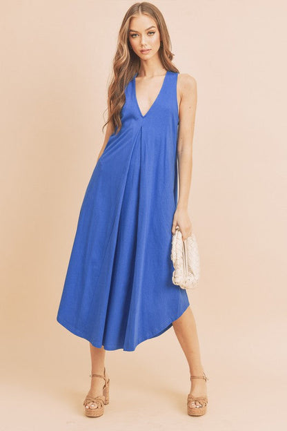 Hazel Blues® |  Aemi + Co Front Pleat Detail V-Neck Sleeveless Midi Dress