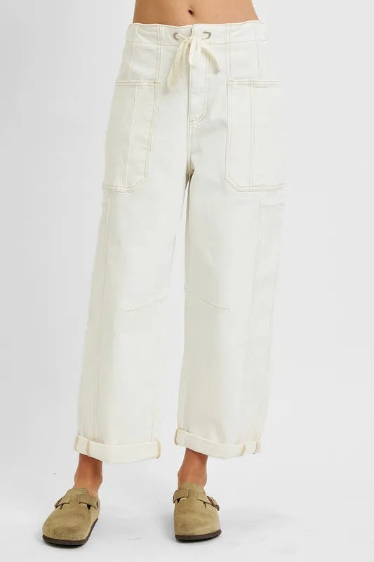 Hazel Blues® | RISEN High Rise Crop Wide Barrel Cargo Pocket Jeans