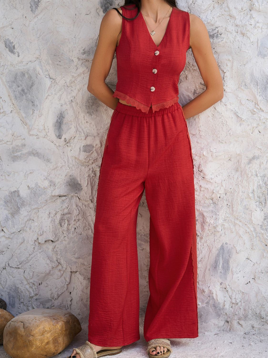 Hazel Blues® |  Devine Button Down Lace Detail Vest and Pants Set