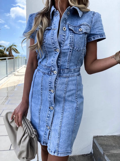 Hazel Blues® |  Button Front Short Sleeve Denim Dress
