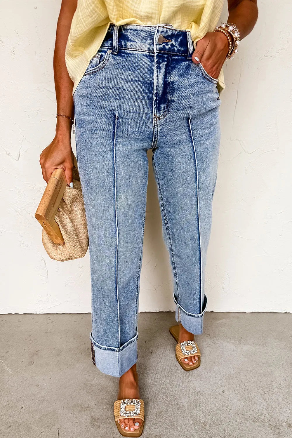 Hazel Blues® |  High-Waisted Wide-Leg Cuffed Jeans