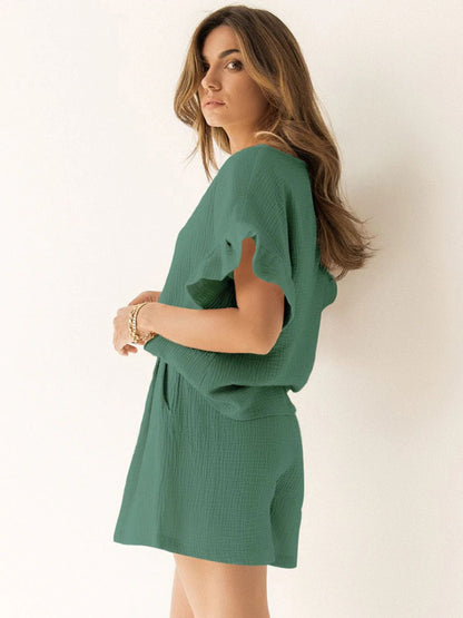 Hazel Blues® |  Ruffled Round Neck Top and Shorts Set