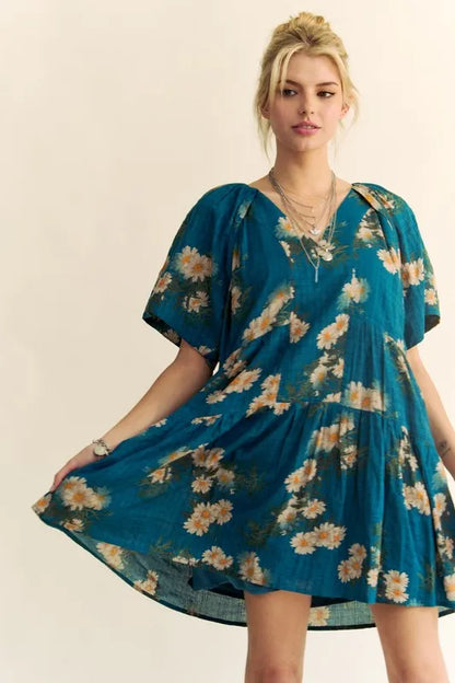 Hazel Blues® |  Davi & Dani Floral Print Short Bell Sleeve Pleated Mini Dress