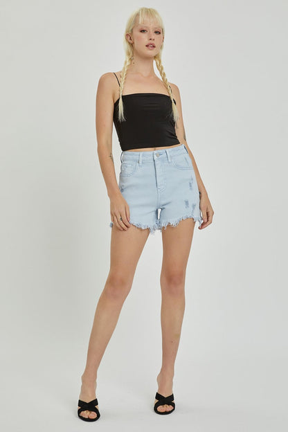 Hazel Blues® |  RISEN High Rise Distressed Detail Denim Shorts