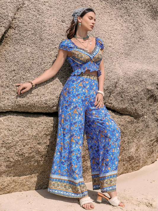 Hazel Blues® |  Printed V-Neck Top and Pants Set