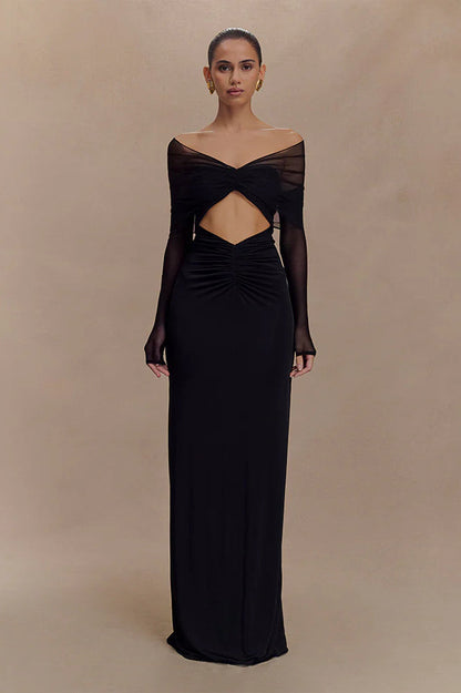 Sheer Mesh Cutout Off Shoulder Patchwork Maxi Dress