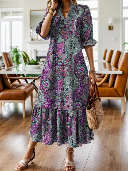 Hazel Blues® | Bohemian Paisley Print Ruffle Hem Midi Dress