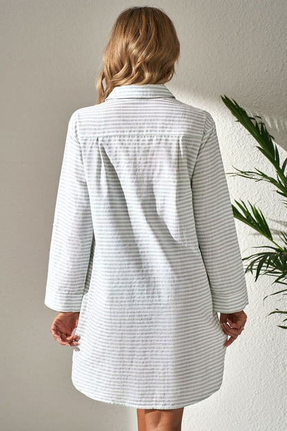 Hazel Blues® |  Striped Johnny Collar Long Sleeve Mini Shirt Dress