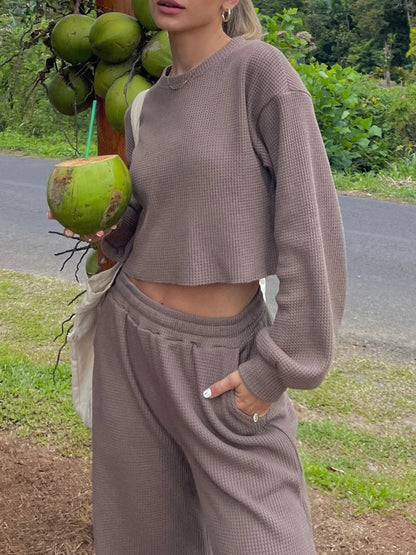 Hazel Blues® |  Waffle-Knit Round Neck Top and Pants Set