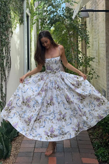 Rayon Printed Strap Pleated Chic Maxi Dress