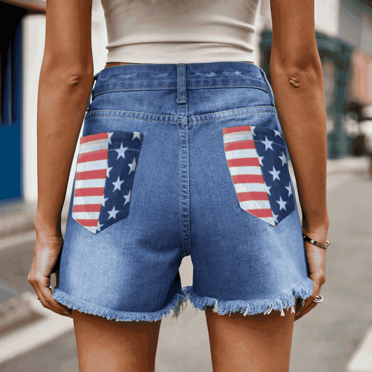 Hazel Blues® |  US Flag Distressed Denim Shorts