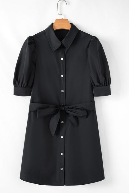 Hazel Blues® |  Button Up Tie Waist Puff Sleeve Mini Shirt Dress
