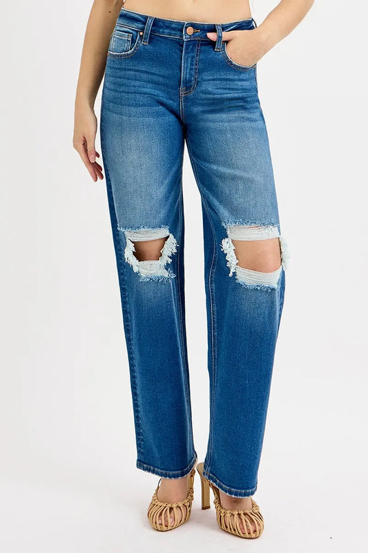 Hazel Blues® | RISEN Mid Waist Fit Boyfriend Knee Distressed Jeans