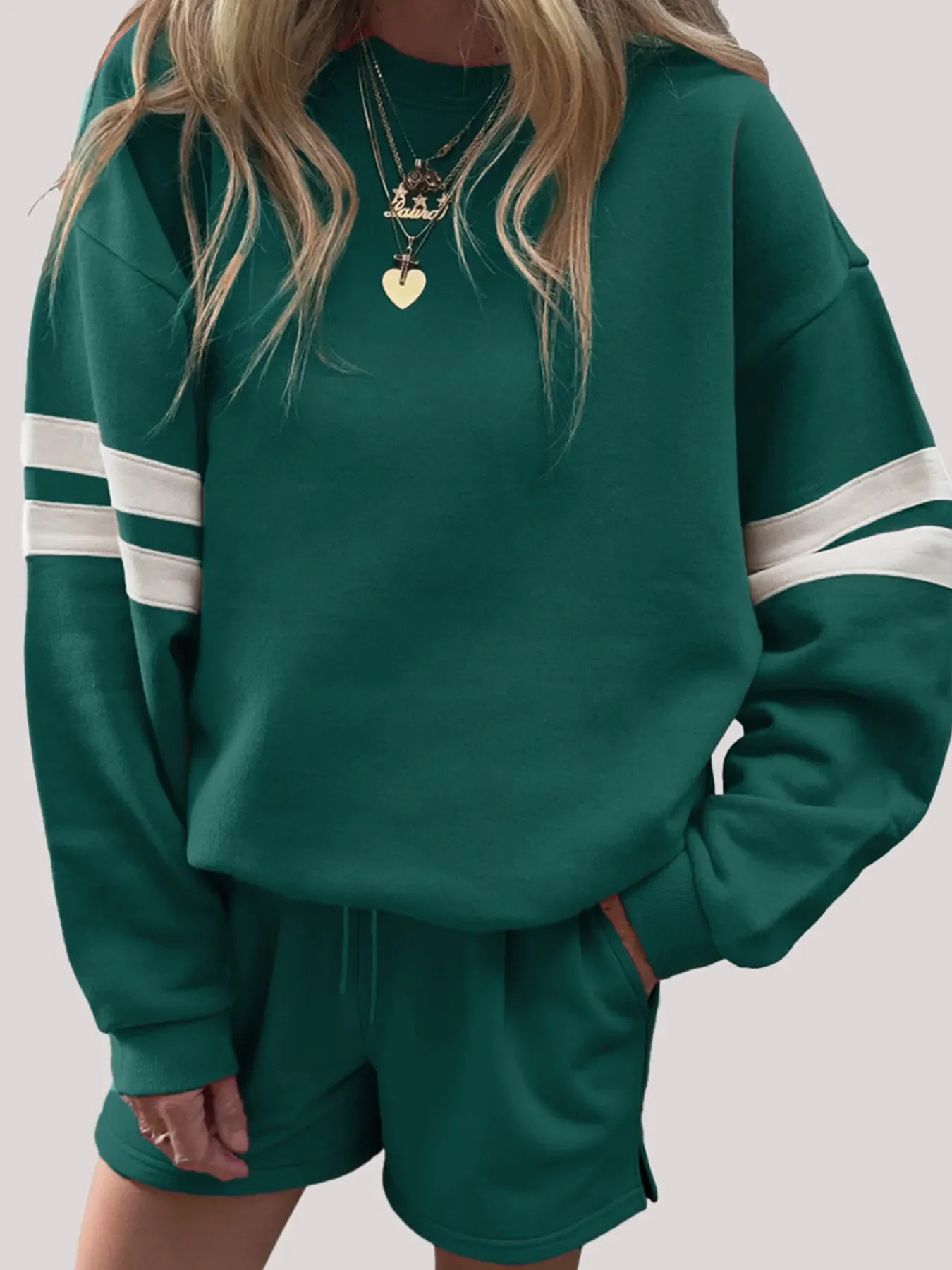 Hazel Blues® |  Stripe Round Neck Sweatshirt and Shorts Set