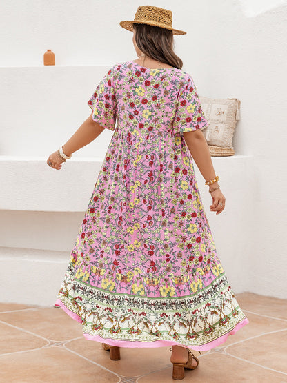Hazel Blues® | Floral Tie Neck Flutter Sleeve Maxi Dress