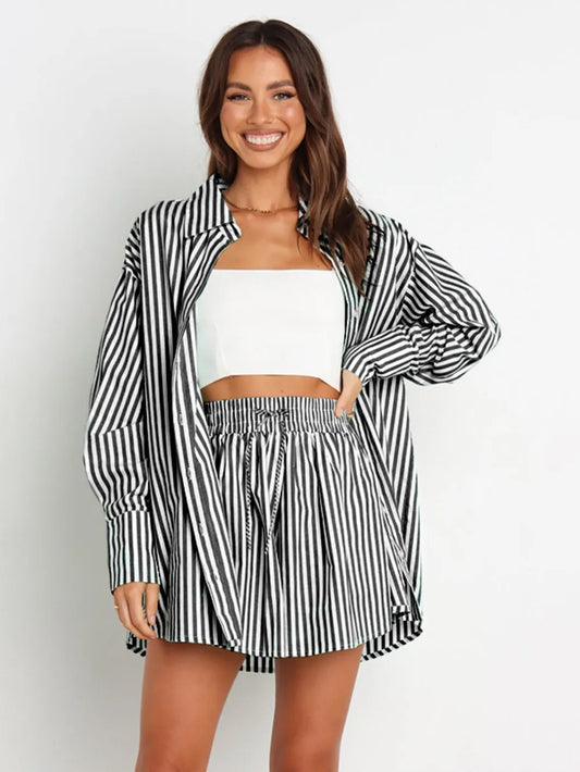 Hazel Blues® |  Striped Dropped Shoulder Shirt and Shorts Set