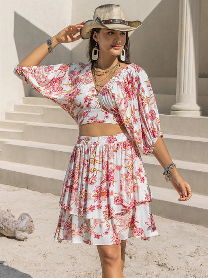 Hazel Blues® |  Printed Half Sleeve Top and Layered Skirt Set